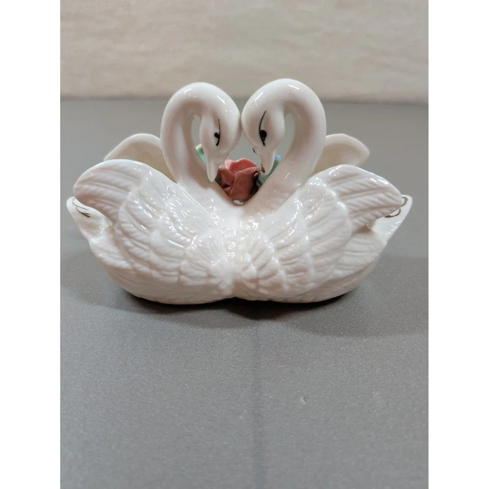 Vintage Porcelain Double Swan Planter White Gold Trim Pastel Roses Trinket Dish